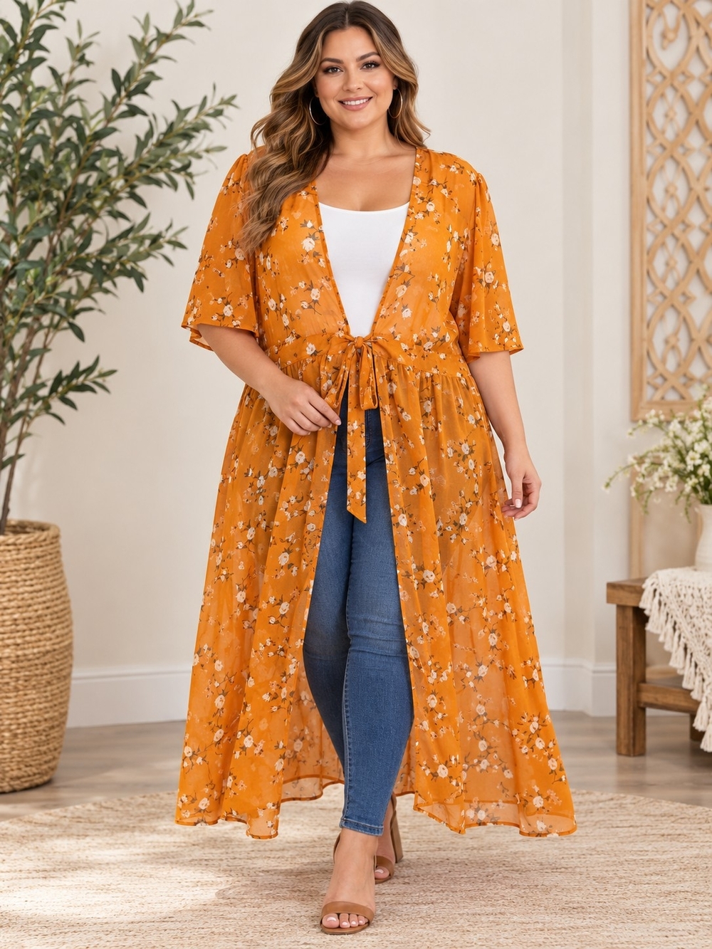 A124. Abound Floral Duster Orange & White XXL Like New